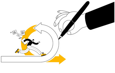 Developer follows a twisted arrow reached by a manager's big hand. Vector illustration on the theme of agile development methodology.