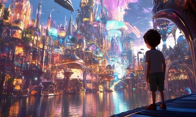 Fototapeta premium A boy gazes at a futuristic city.