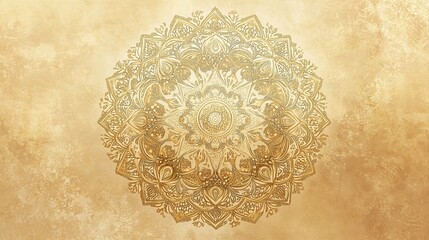 Golden mandala on textured background, ornate and symmetrical.