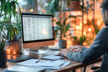 Man is sitting at a desk with a computer monitor in front of him. He is typing on the keyboard and there is a potted plant in front of him. The desk is cluttered with papers and a book