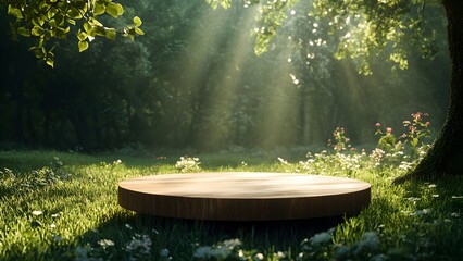 Wood display platform in the natural forest