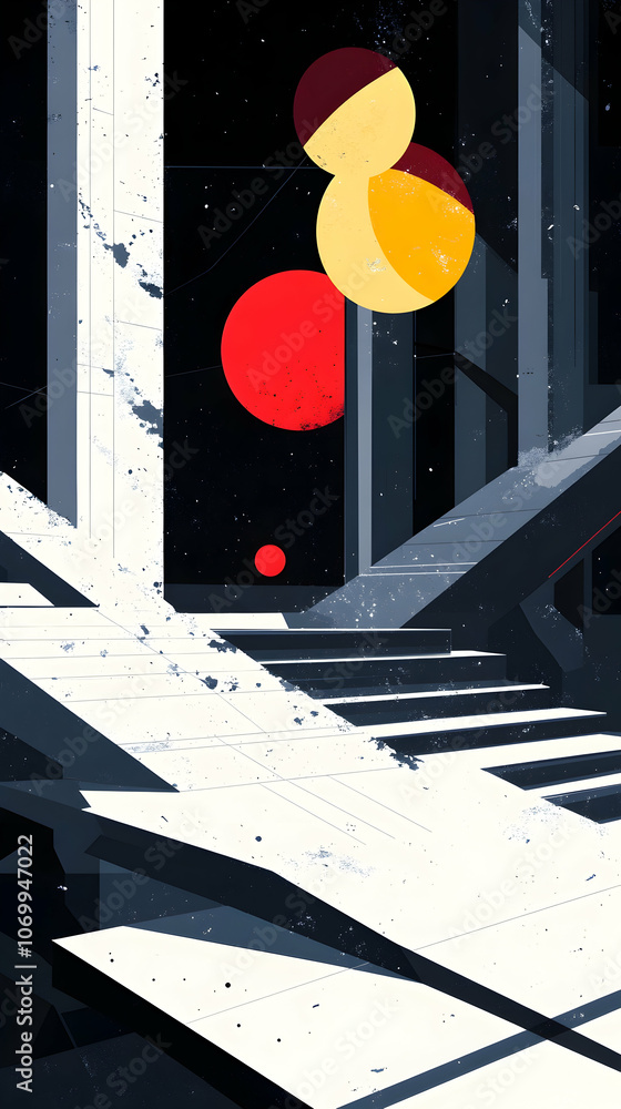 Poster abstract futuristic architecture with floating spheres and red planets.