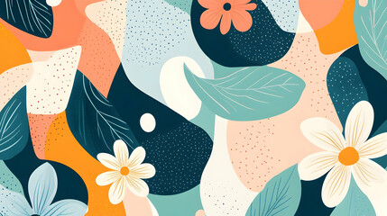 Abstract floral pattern with white flowers, green leaves and colorful shapes.