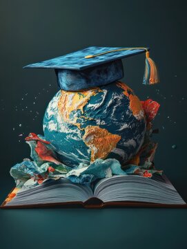 Education to learn study in world. Graduated student studying abroad international idea. Master degree hat on top globe book. Concept of graduate educational for long distane learning - generative ai