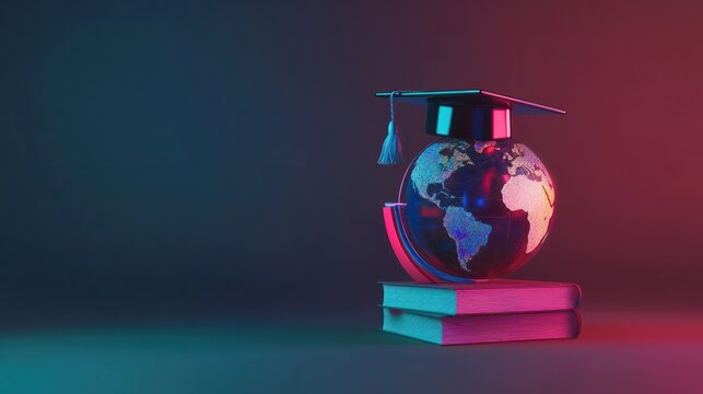 Education to learn study in world. Graduated student studying abroad international idea. Master degree hat on top globe book. Concept of graduate educational for long distane learning - generative ai