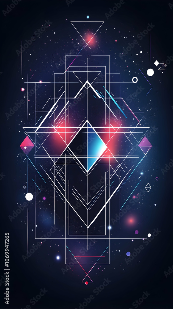 Poster abstract geometric design with glowing lines and shapes on a dark background.