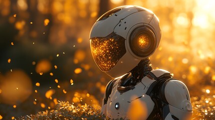 Robot in Golden Sunlight Among Forest Foliage