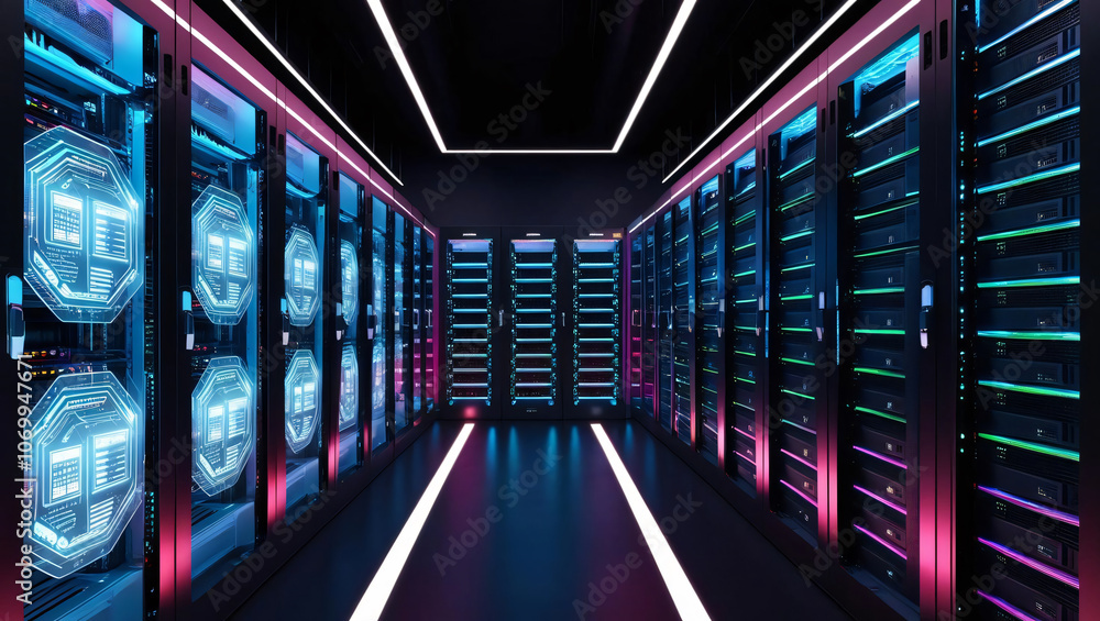 Poster advanced data center with neon lit server racks and holographic network diagnostics, showcasing dark