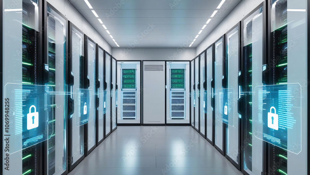 Poster secure data center with hologram interfaces, showcasing cyber ambiance and advanced server technolog