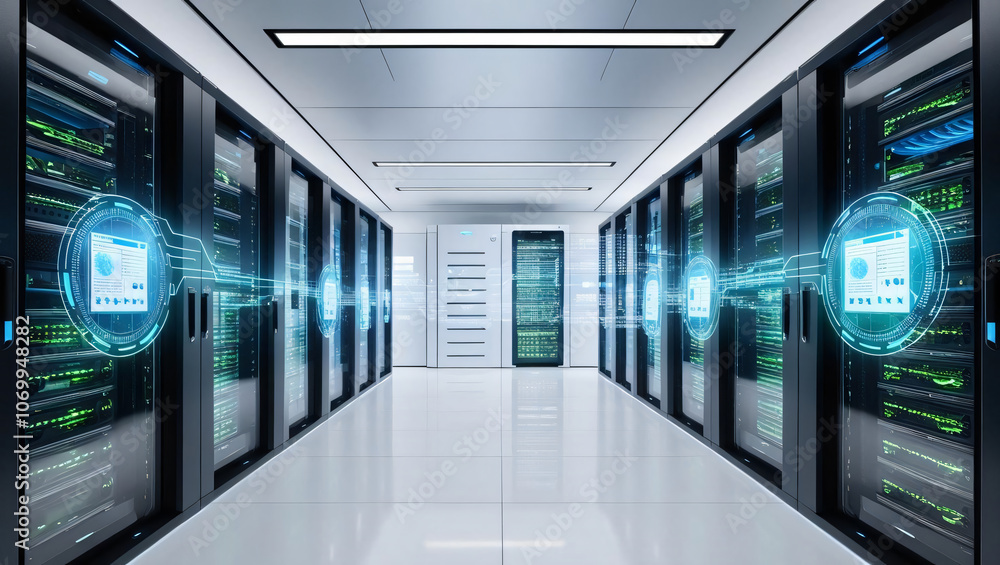 Poster modern data center featuring secure server racks and hologram interfaces, creating cyber ambiance. e