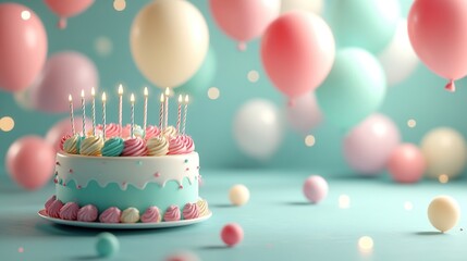 High-Definition 3D Balloons and Cake in Cute Cartoon Style for a Colorful Birthday Party Background with Soft Lighting and Light Blue Theme