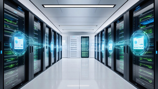 modern data center featuring secure server racks and hologram interfaces, creating cyber ambiance. environment emphasizes technology and security