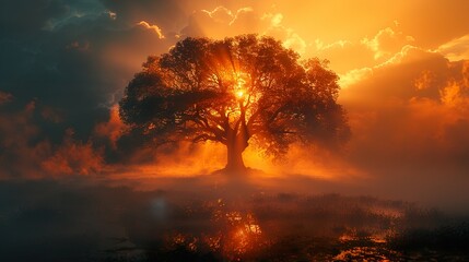 Obraz premium Majestic Tree Silhouette at Sunset with Golden Light and Mist