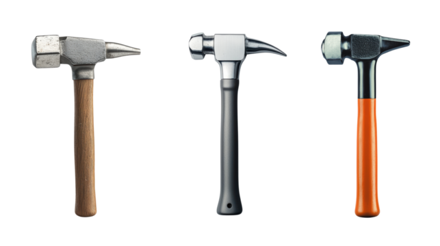 collection of three different hammers showcasing various designs and materials, including wooden handle, sleek metal finish, and vibrant orange grip. Perfect for tools enthusiasts