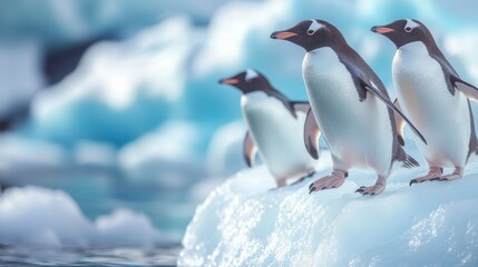 Obraz premium a group of penguins on ice in an Antarctic landscape, concept of wildlife conservation