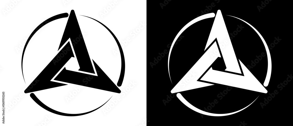 Poster geometric triangle shape with circle around as modern design element, logo or icon. black shape on a