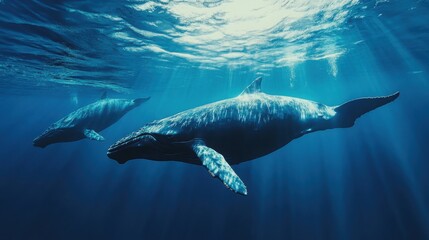 Naklejka premium a pod of whales swimming in the ocean, soft blue tones, concept of marine wildlife protection