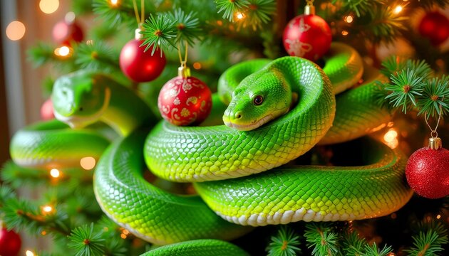 Green snakes wrapped around Christmas tree adorned with red ornaments and lights