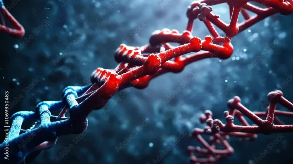 Poster close-up view of a dna strand forming, with its intricate double helix structure, providing a visual