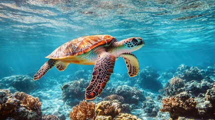 Obraz premium a sea turtle swimming in clear waters among coral reefs, concept of ocean conservation