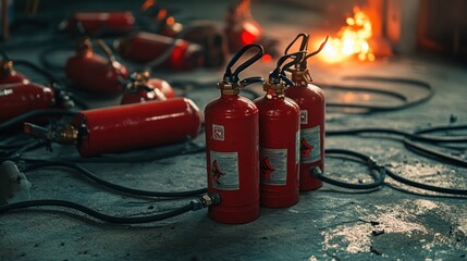 Several red fire extinguishers are on the ground with hoses nearby, with a small fire burning in the background, suggesting a safety training scenario or emergency.