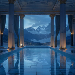  grand, ornate palace balcony overlooking a snowy, mountainous landscape at night. The balcony is supported by tall, white columns and features intricate architectural details. The sky is filled with 