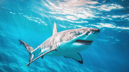 Fototapeta premium a shark in clear blue ocean water, concept of marine life protection, high detail