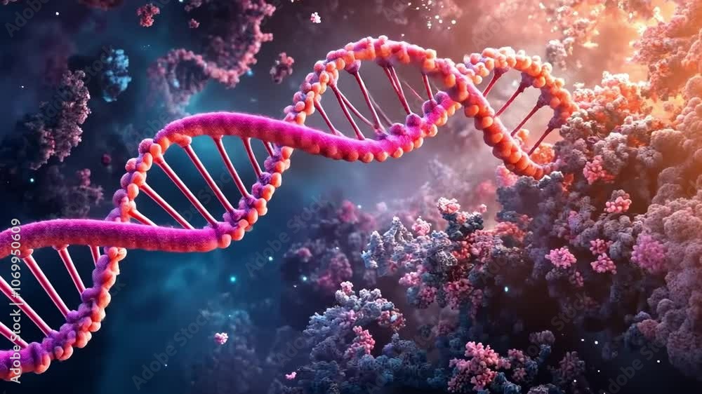Poster close-up view of a dna strand forming, with its intricate double helix structure, providing a visual