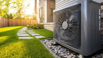 A sleek heat pump on the side of an outdoor house, surrounded by lush green grass and a well-maintained garden with hedges and trees.
