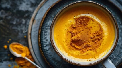 Bright Aromatic and Bubbly Turmeric Latte with Warming Taste and Color. Concept: Golden Milk, Cozy Beverage, and Healthful Indulgence