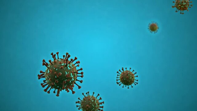 Microscopic view of a spreading virus, possibly a coronavirus or monkeypox, with spikes. 3D banner illustration, microscopic view of floating influenza virus cells. Corona virus SARS-CoV-2
