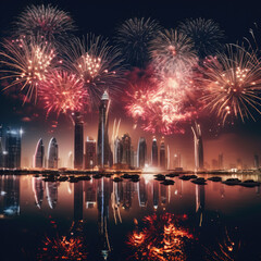 Fototapeta premium generated illustration of fireworks display at town square of Dubai downtown