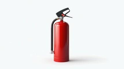 A red fire extinguisher stands upright against a white background, featuring a nozzle, handle, and pin indicative of standard fire safety equipment.