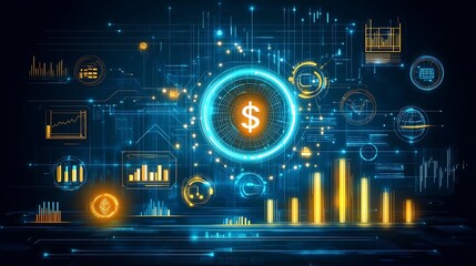Abstract futuristic background with glowing dollar sign, digital interface and data visualization.