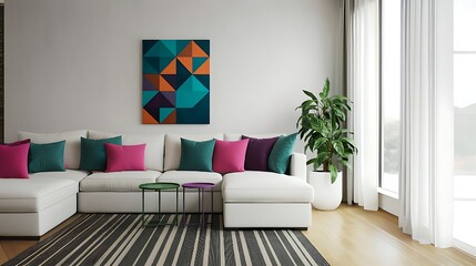Modern Living room Concept . Minimalist interior design of modern living room with white sofa with colorful pillows at abstract Background .