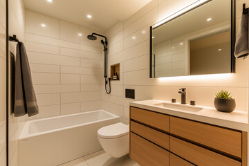 Luxury Bathroom Interior With Shower, Toilet And Mirror