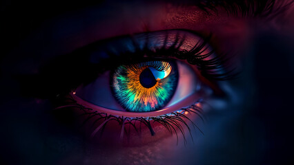 A Vibrant Eye Surrounded by Colorful Artistry and Shadows, Set Against a Deep Black Background of Mystique and Optical Charm