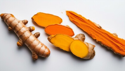 Naklejka premium Thinly sliced turmeric and ginger roots arranged in a diagonal line on a white background.