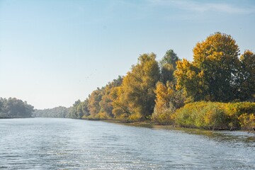 Autumn river landscape with colorful foliage.