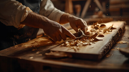 Close up of male carpenter hands shaping wood with hand plane tool, traditional woodworking in warm workshop light, detailed carpentry process with flying shavings, handmade craftsmanship precision 