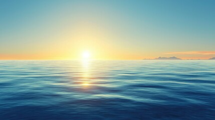 Obraz premium Peaceful Ocean Sunrise Over Calm Waters with Mountain Silhouette