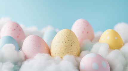 Fototapeta premium Easter eggs soft pastel colors floating clouds dreamy spring banner. AI generated