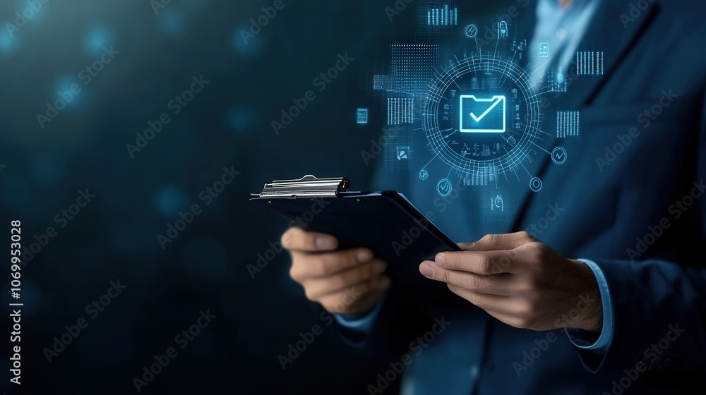 Poster professional man holding clipboard analyzes data visualization for effective decision making