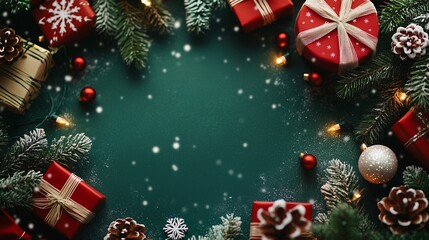 Christmas frame background with gift boxes and snow decoration on green with copy space