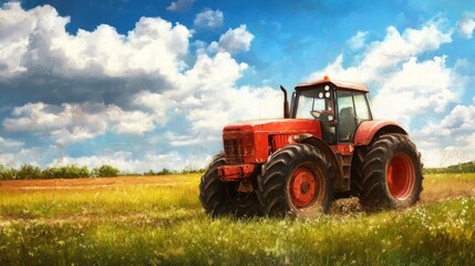 Obraz premium Red Tractor in a Field