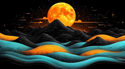An abstract landscape with a large, bright orange moon rising over a mountain range and a sea of undulating lines in blue and orange hues.