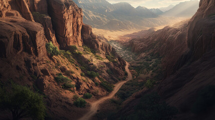 Aerial perspective of a desert canyon, its rugged terrain shaped by millennia of erosion, narrow paths and steep cliffs creating dramatic contrasts of light and shadow.