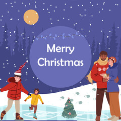 Background, frame, leisure, skating, drinking cocoa, mulled wine, hot drink, couple in love, family, parents, children, hand drawn, winter family trip, activities, vector illustration.