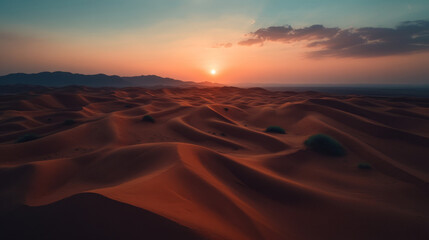 Aerial shot of vast desert dunes, their flowing contours forming waves in the sand, with the golden light of a setting sun casting dramatic shadows, amplifying the sense of isolation.