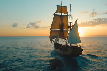 Fototapeta premium Majestic Pirate Ship Sailing at Sunset with Billowing Sails black background